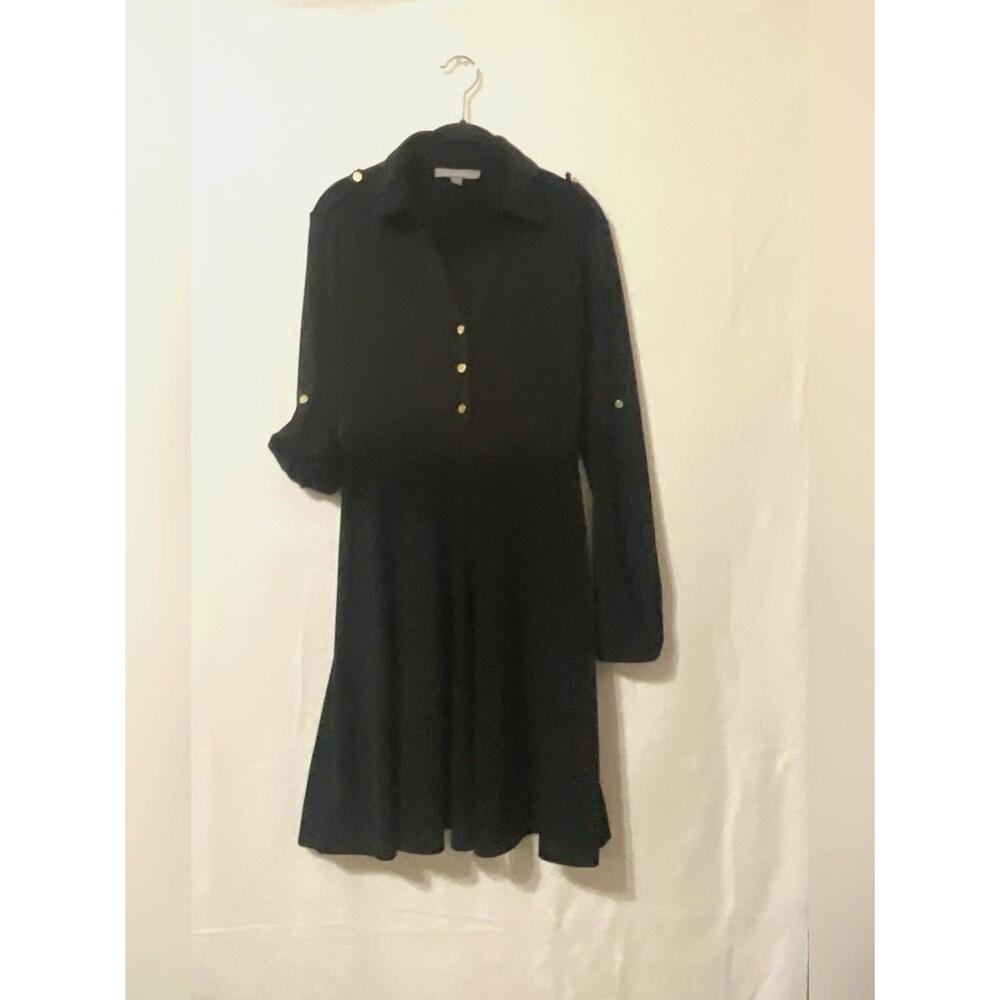 NY Collection Black Roll Tab Sleeve Gold Button Work Office Shirt Dress Small S